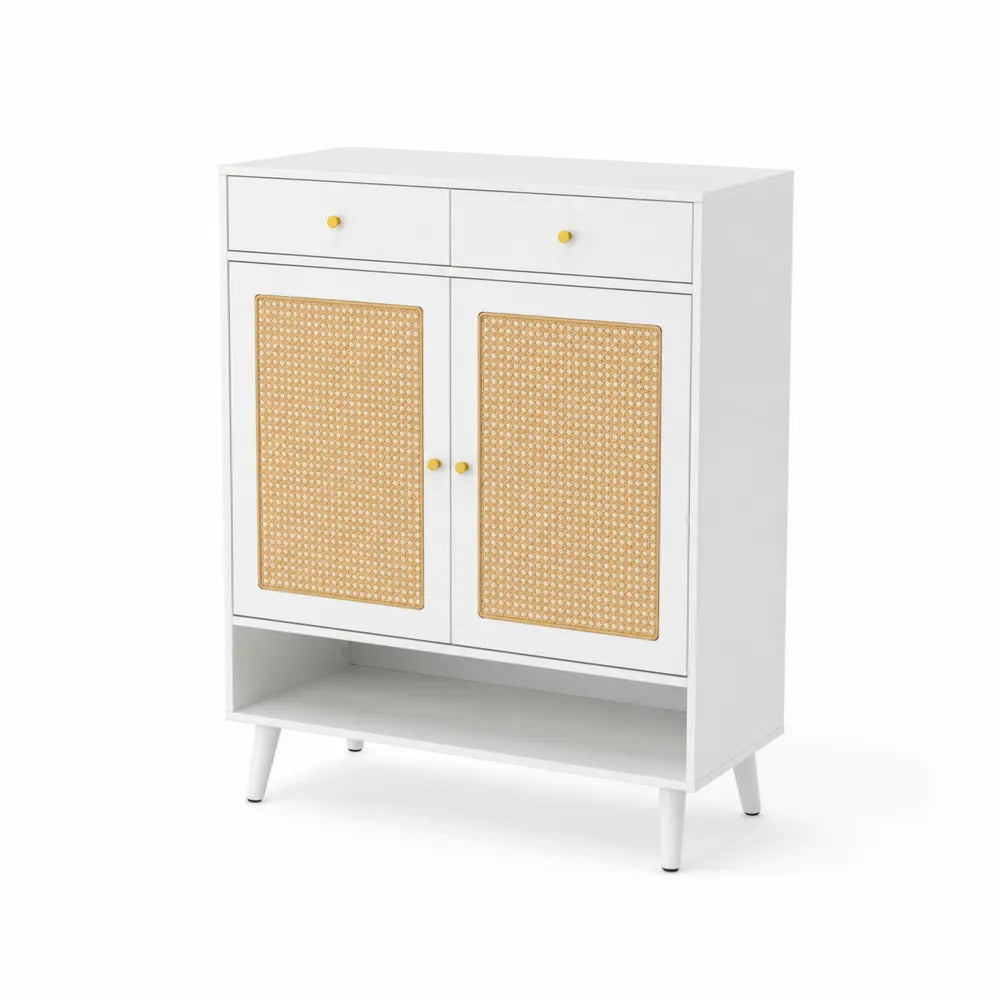 Schuhschrank Weiß mit Rattan-Geflecht Türen MDF 120x80x40 cm