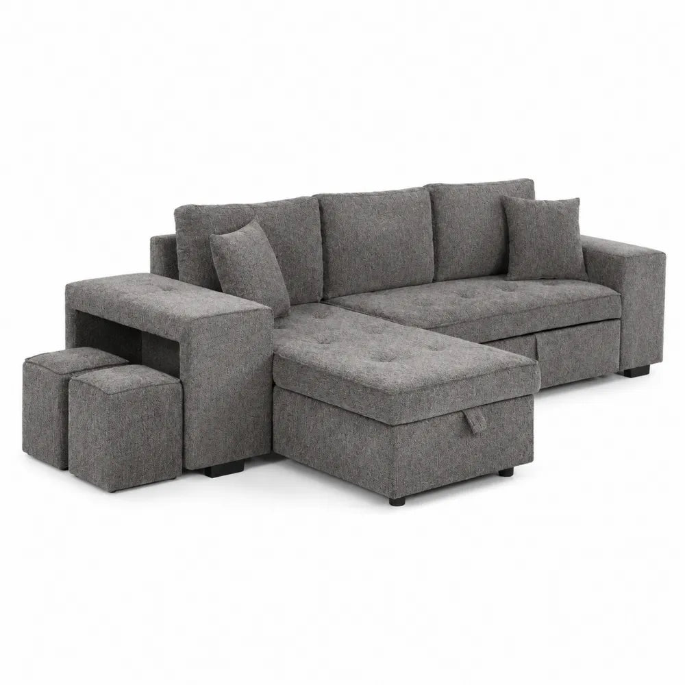 Ecksofa Set mit Ottomane und Hocker aus Stoff, Grau, 260x160x85 cm