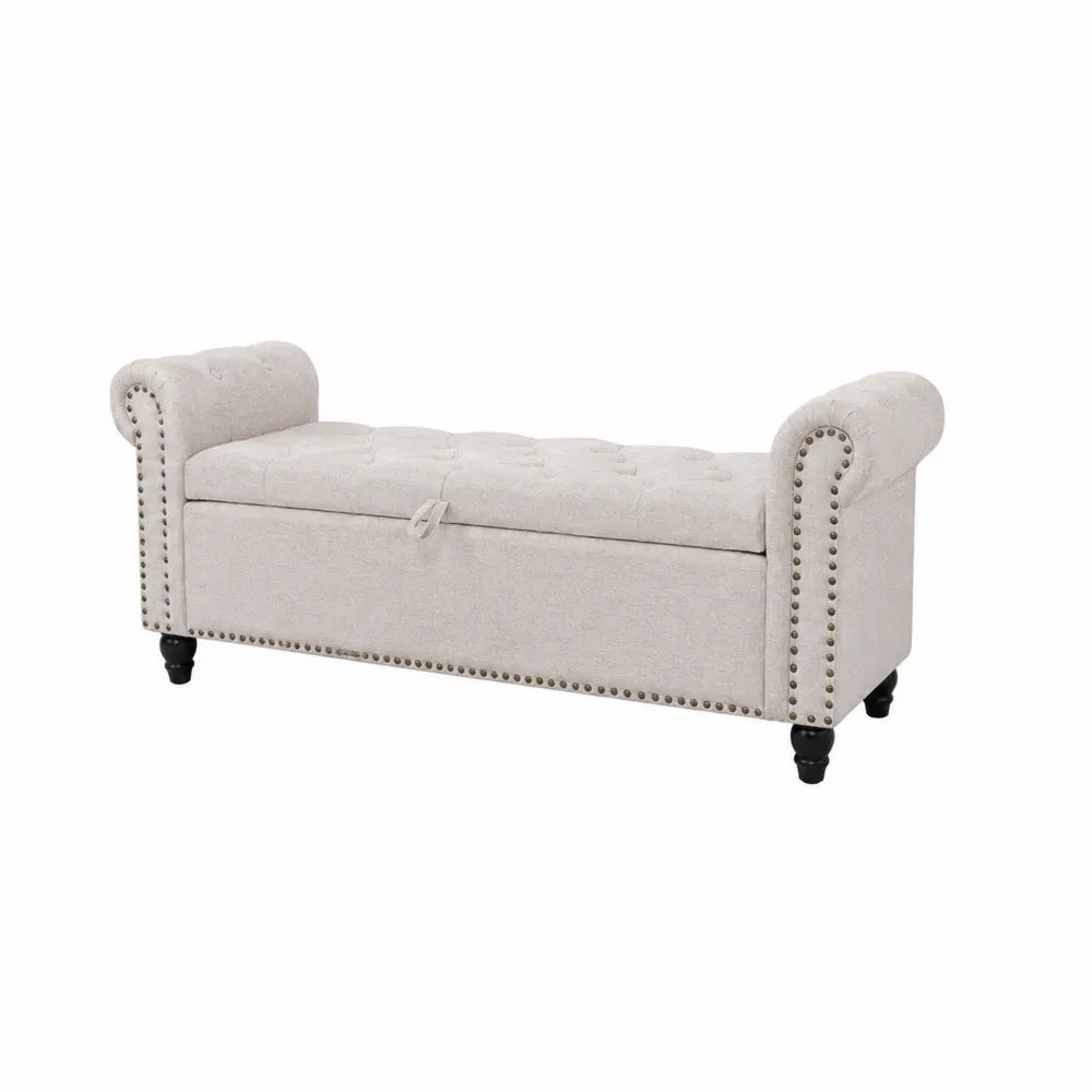 Beige Sitzbank mit Stauraum Leinen Holz