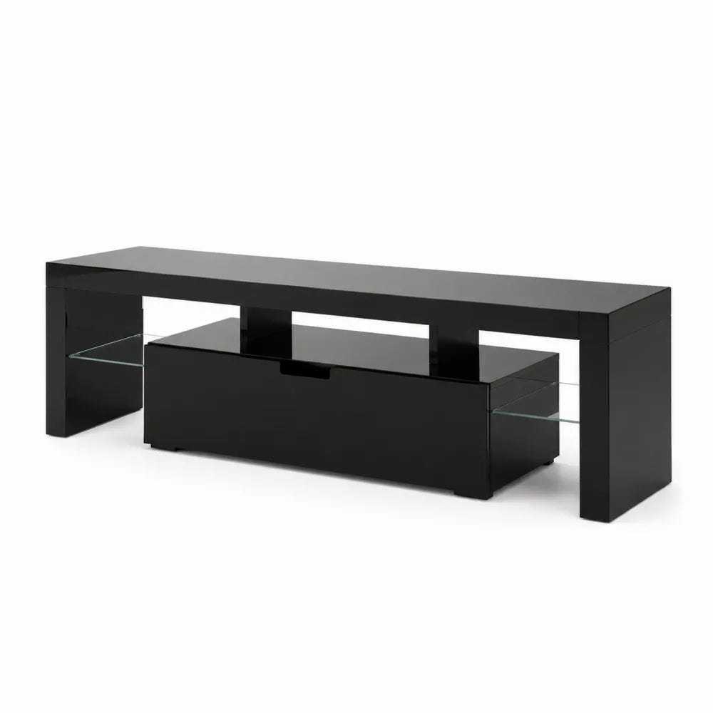 TV-Möbel Schwarz mit gehärtetem Glas und Schublade, MDF und Glas, 160x40x45 cm