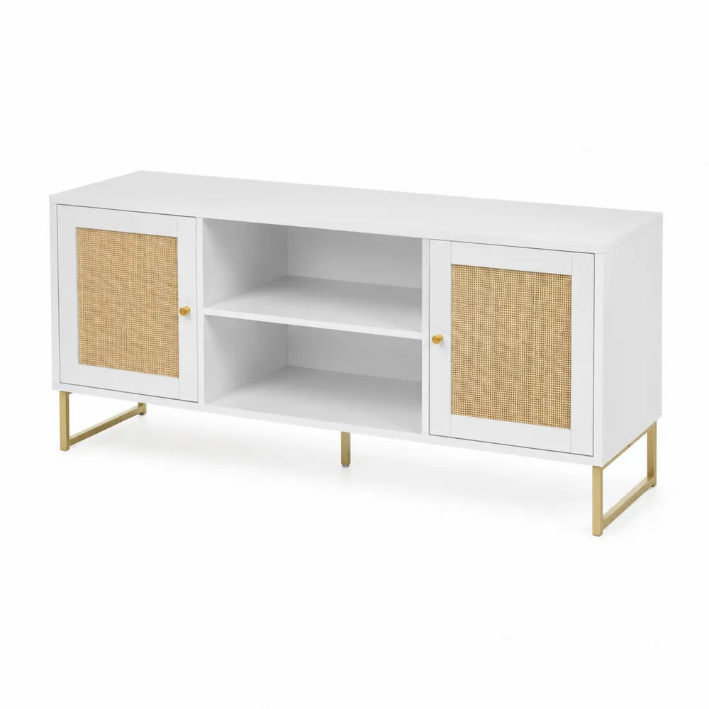 Weißes TV-Möbel aus MDF mit Rattan-Türen und Edelstahlbeinen, 150x40x60 cm